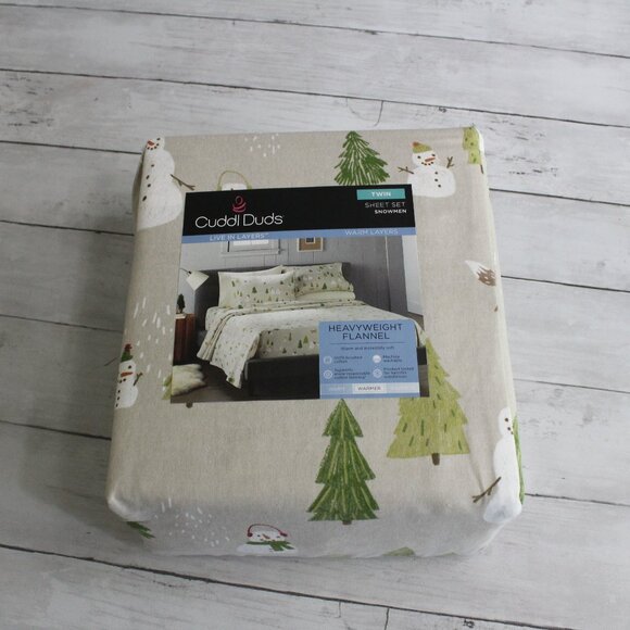 Cuddl Duds Heavyweight Flannel Sheet Set Twin Size 100% Cotton Snowmen Winter - Picture 1 of 5